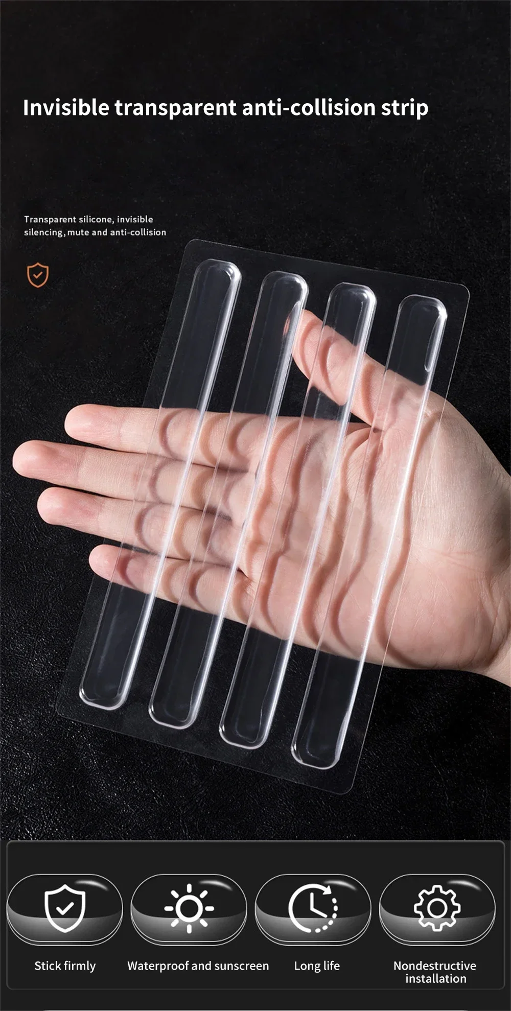 Description Picture 2 of itemNo Trace Self Adhesive Buffer Pads Car Door Stopper Strip Wall Protector Cabinet Bumpers Furniture Anti-crash Pad Soft Silicone
