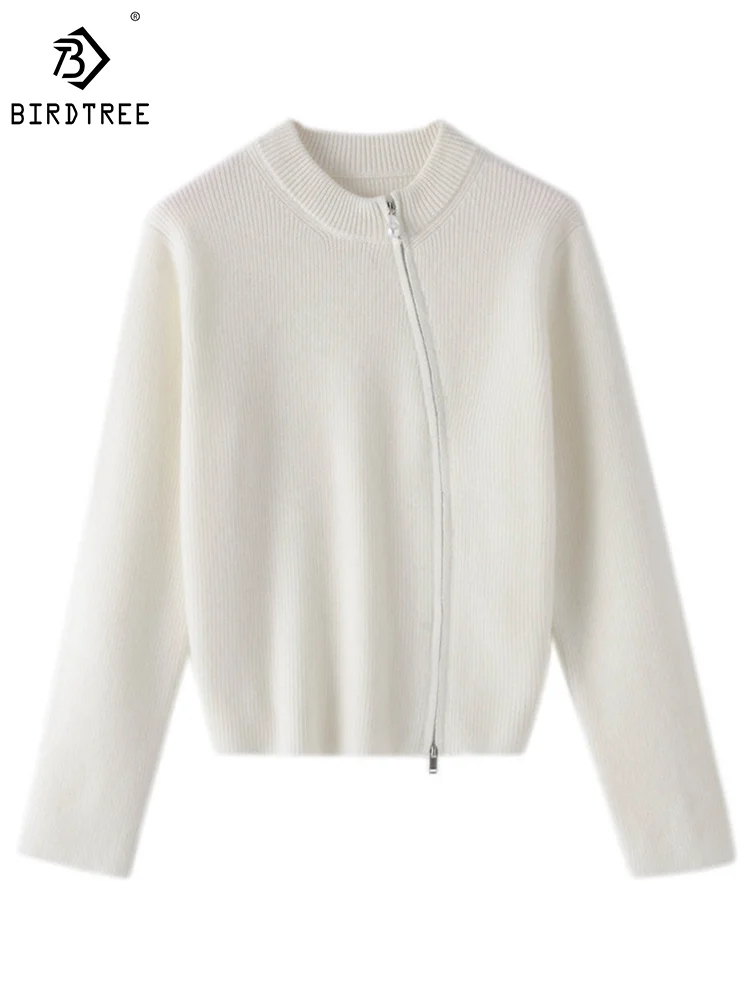 

Birdtree 35% Cashmere 65% Wool Casual Elegant Cardigan Irregular Zipper Sweater Fashion Simple Warm Knit Coat Autumn C3N316QM
