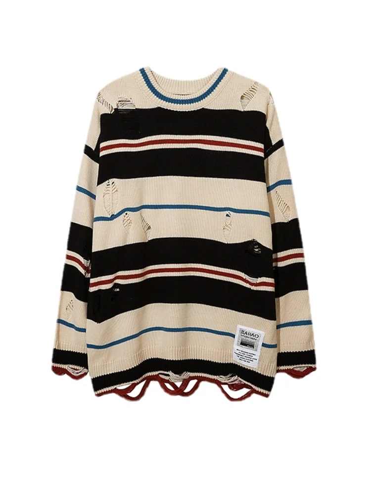 Sweater Round Neck Pullover American Retro Street Striped Fashion Trend Loose Matching Couple's Knitwear Top Casual Common Style