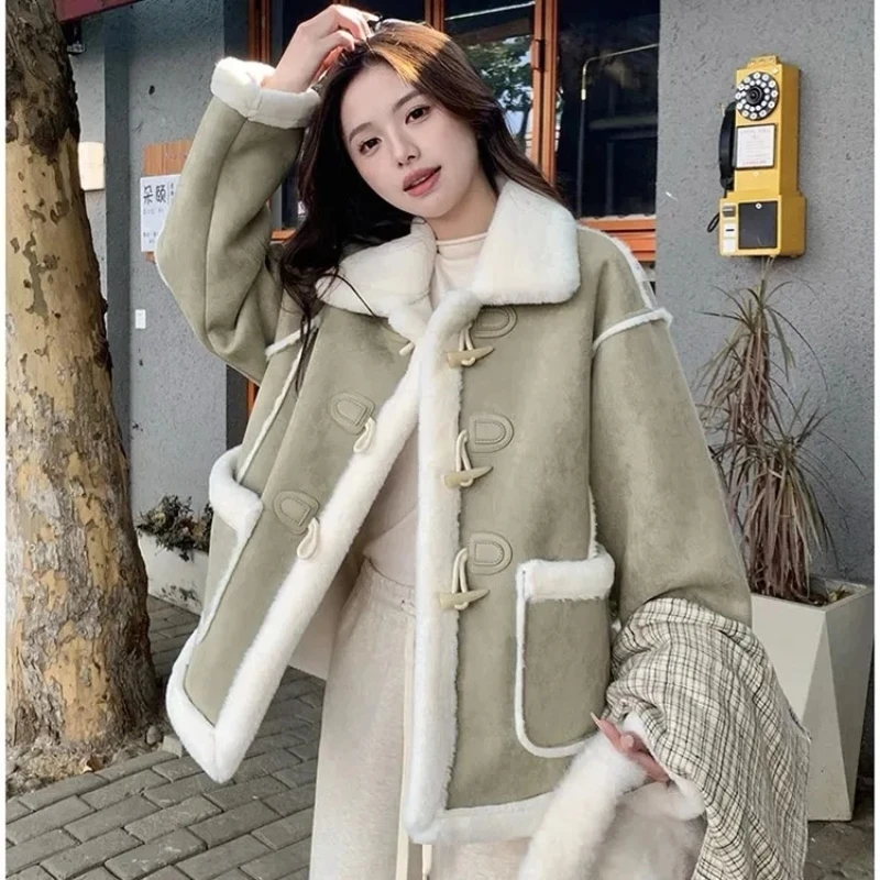 

Cow Corner Buckle Suede Fur One Lamb Fur Coat Women 2023 Winter New Thickened Warm Cotton Clothes Warm Pocket