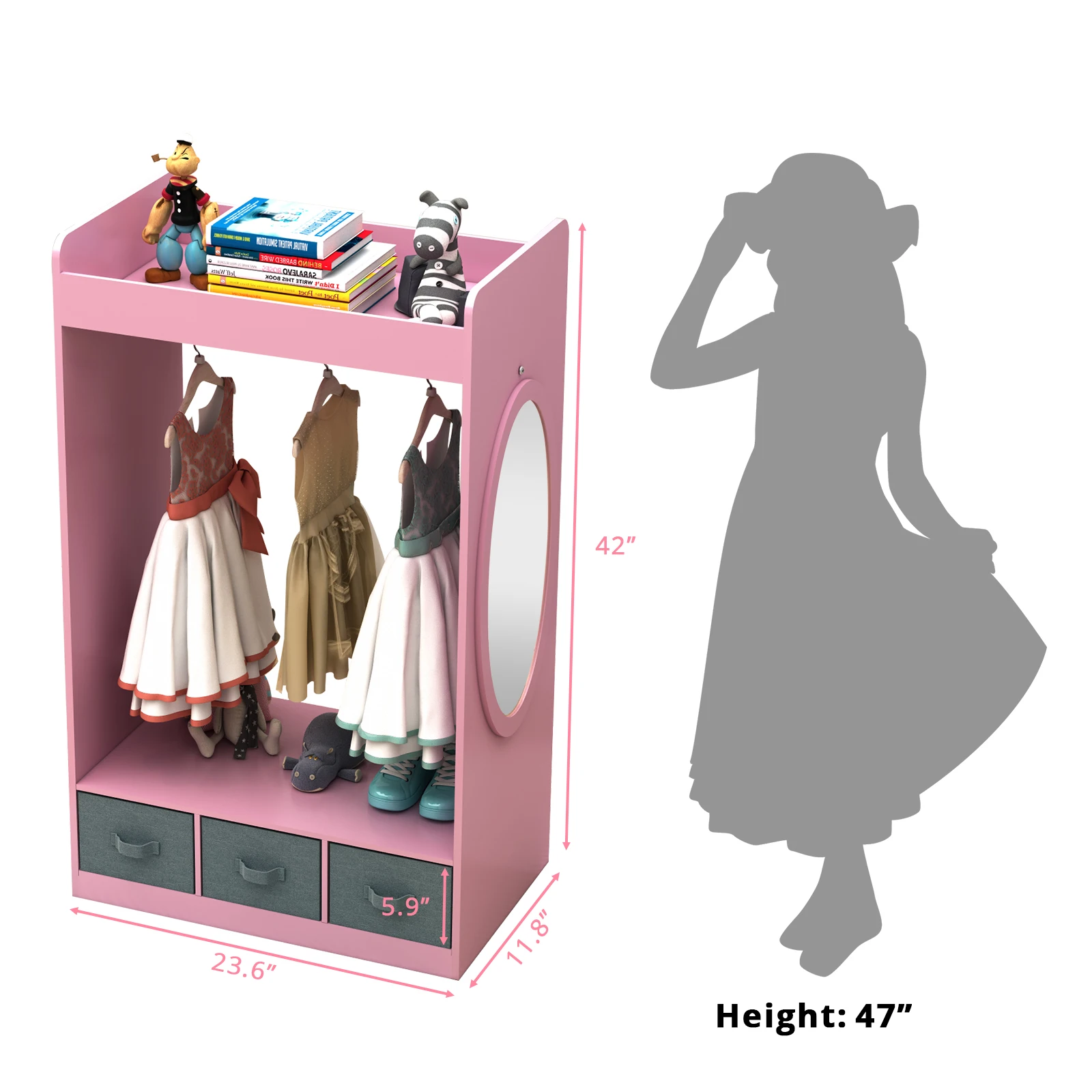 Kids Costume Organizer、 Costume Rack、Kids Armoire、Open Hanging Armoire Closet with Mirror-PINK 4