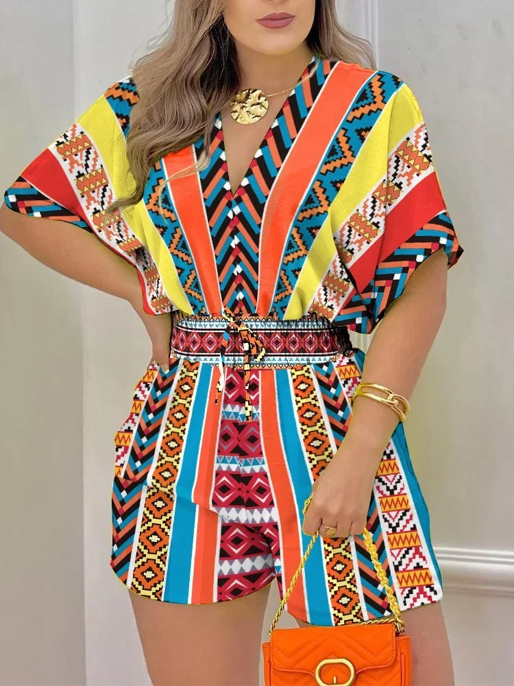 Wmstar Women Jumpsuit New Loose Casual Printing Fashion V-neck Short Sleeve Waist Shorts Drawstring Pleated Streetwear Romper