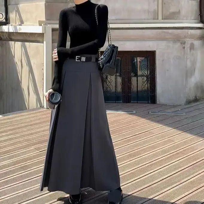 

Women Korean High Waist Suit Pleated Long Skirt Female 2023 Autumn Solid Color A-Line Long Skirt Female Clothing