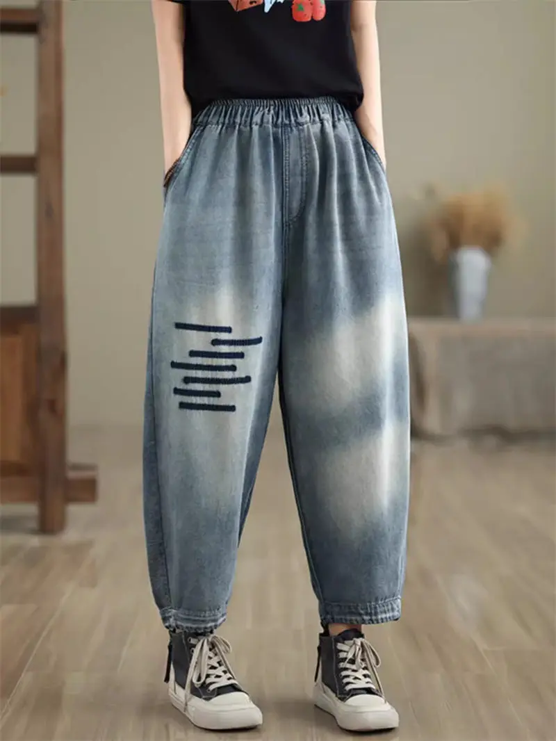 

Укороченные джинсовые брюки в стиле ретро с вышивкой, свободные винтажные шаровары большого размера, повседневные брюки, K1898, лето 2024