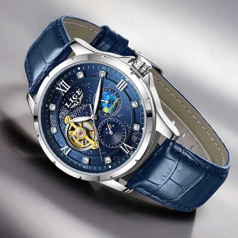 LIGE New Luxury Men's Mechanical Wristwatches Fashion Waterproof Luminous Watch Men Casual Blue Leather Automatic Watch For Men