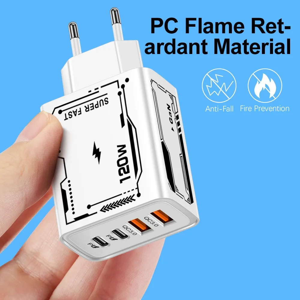 120W Quick Charger USB C QC 3.0 Fast Charging Charger Type C PD Phone Charger Adapter EU US Plug Travel 4 Ports Wall Charger