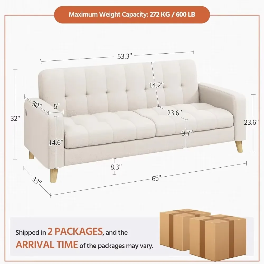 Fabric Sofa Loveseat with USB Port Mid-Century Modern W Sofa with Solid Wood Legs, Living Room Apartment Bedroom Office
