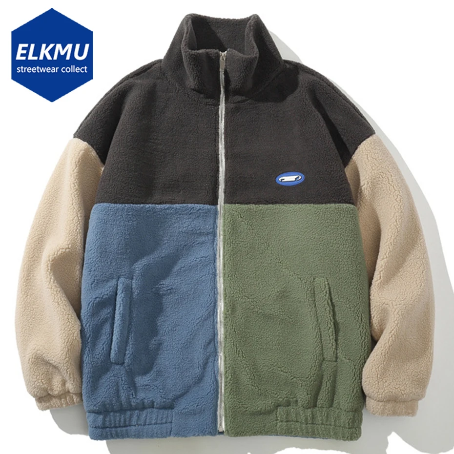 

Color Block Patchwork Fluffy Jackets Men Streetwear Hip Hop Oversized Fleece Lambswool Jacket Winter Parkas Coat Outwear Male