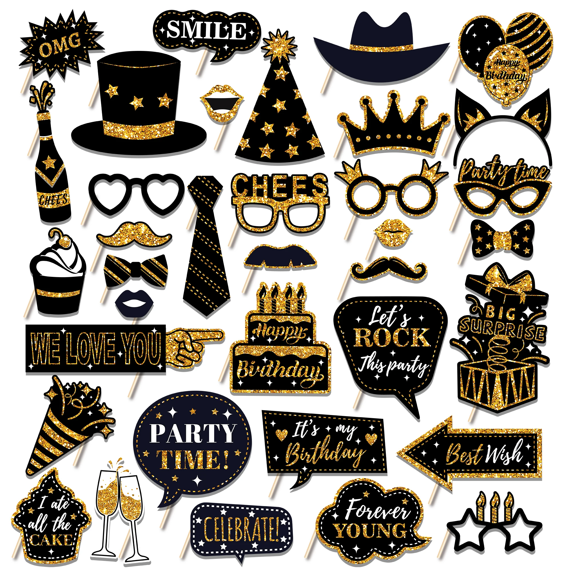 36 יחידות אביזרי צילום למסיבת יומולדת שמחה, אבקת ברק, משקפיים מצחיקים, שפתיים, כובע, צילום עצמי, אביזרי צילום