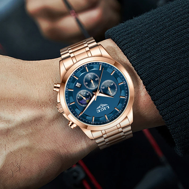 LIGE Sport Watch for Men Rose Gold Stainless Steel Waterproof Luminous Men's Watch Fashion 24 Hour Moon Phase Quartz Chronograph