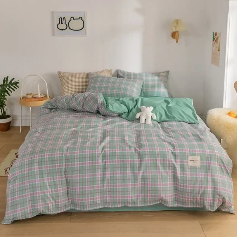 

Japan Style Plaid Pattern Duvet Cover Set Queen Soft Skin Friendly Washed Cotton Bedding Set Home Textile Bed Linens Quilt Cover