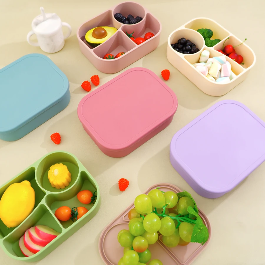 1PCS Baby Silicone Food Storage Box Solid Color Baby Tableware Portable Four-compartment Dinner Plate Toddler Lunch Box 4