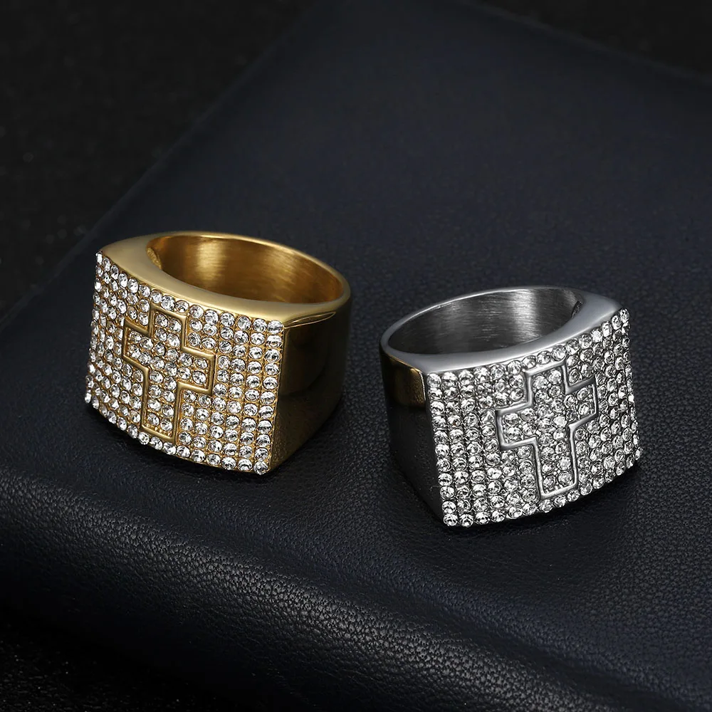 Hip Hop Bling Iced Out Stainless Steel Cross Pattern Finger Rings for Men Rapper Jewelry Gold Silver Color Drop Shipping 3