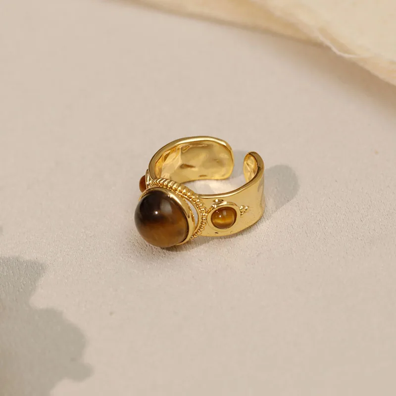 

2024 New Gold Plated Stainless Steel Natural Stone Rings for Women Luxury Vintage Wide Open Ring Aesthetic Jewelry
