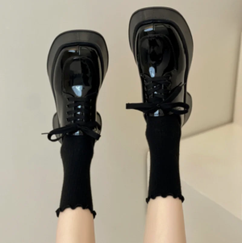 Platform Leather Shoes Women Mary Jane 2022 New Autumn New Fashion Lace-up Thin Pumps British Style Korean Style Ins Fashion