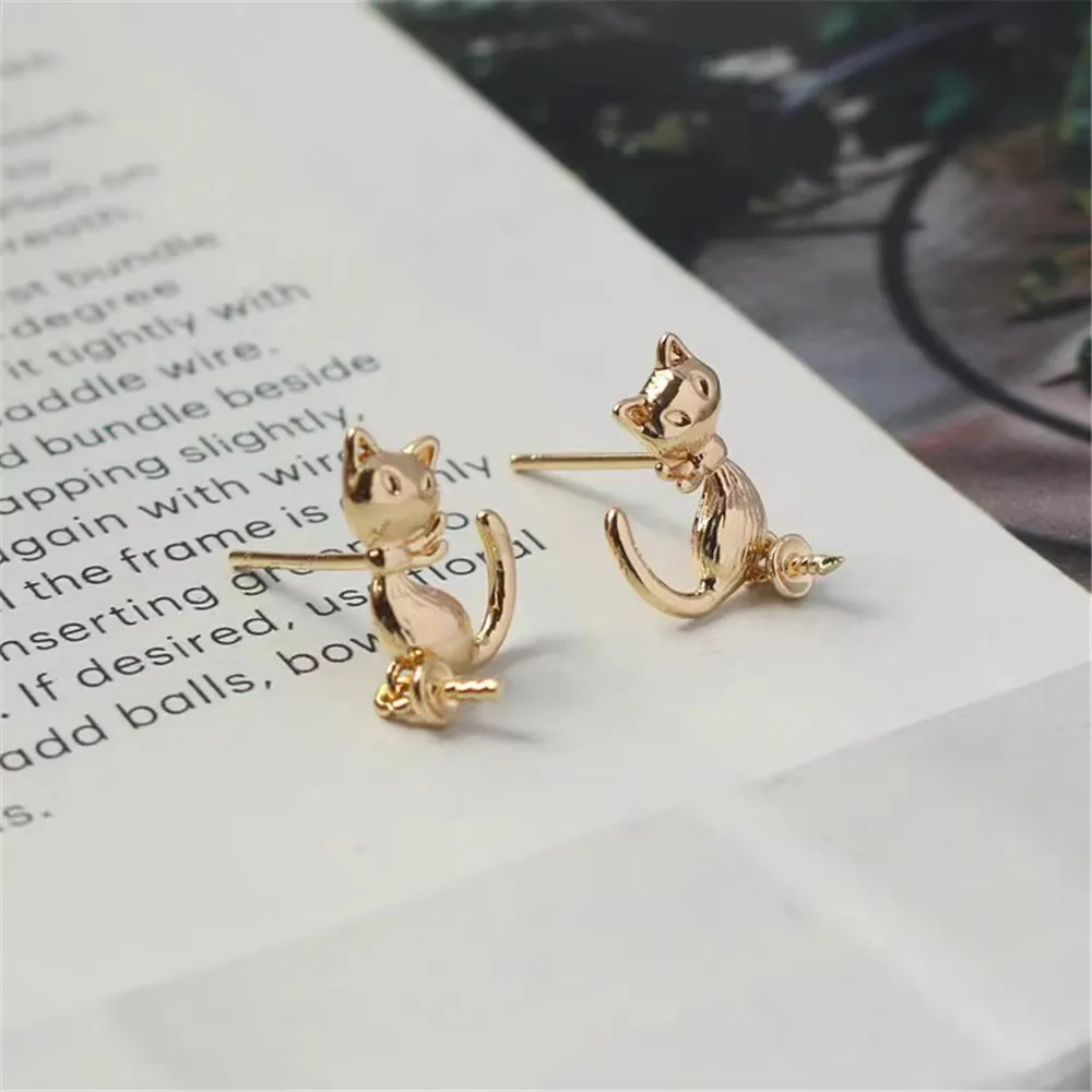 14K Gold Bag 925 Silver Needle Kitten Earrings, Left and Right with Needle Holder, DIY Jewelry Accessories, Stud Earrings