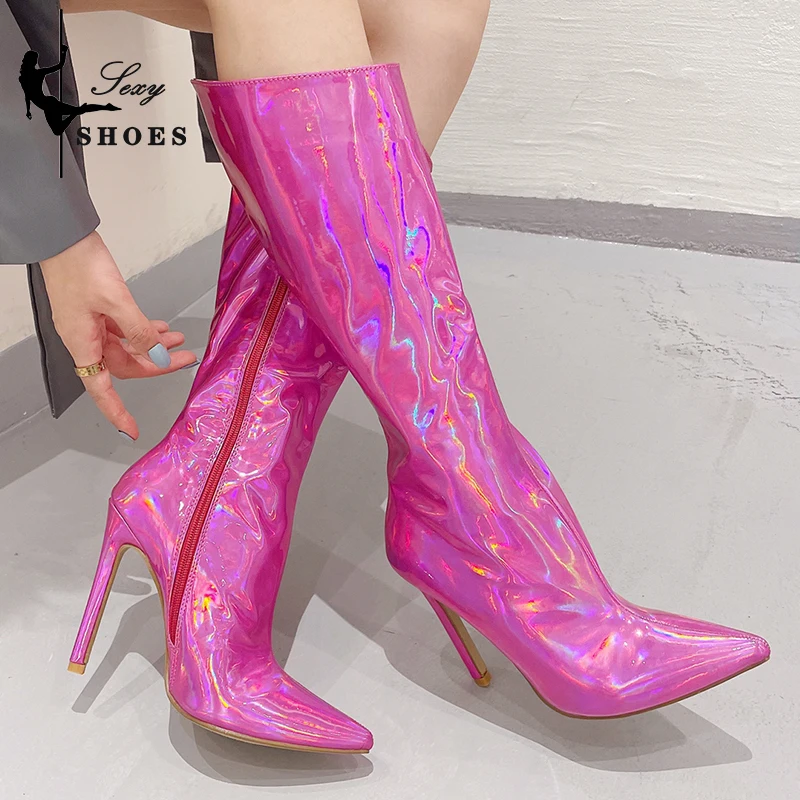 Women Knee-Hig Boots Brand Sexy Girls Pointed Toe Stiletto Sewing High Heels 11cm Thigh High Boots Nightclub Ladies Shoes Fetish