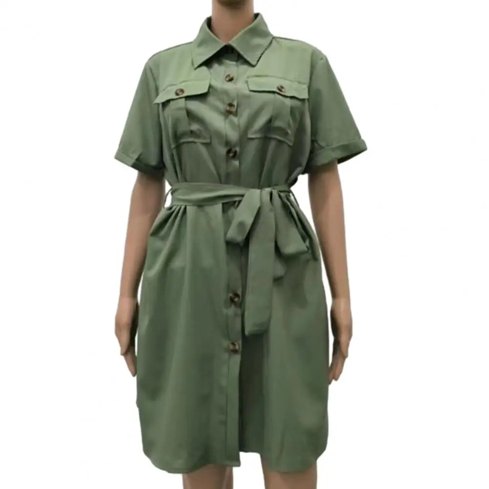 

V-neck Shirt Dress V Neck Button Down Shirt Dress with Belted Pocket Women's Summer Short Sleeve Collared Mini for Streetwear