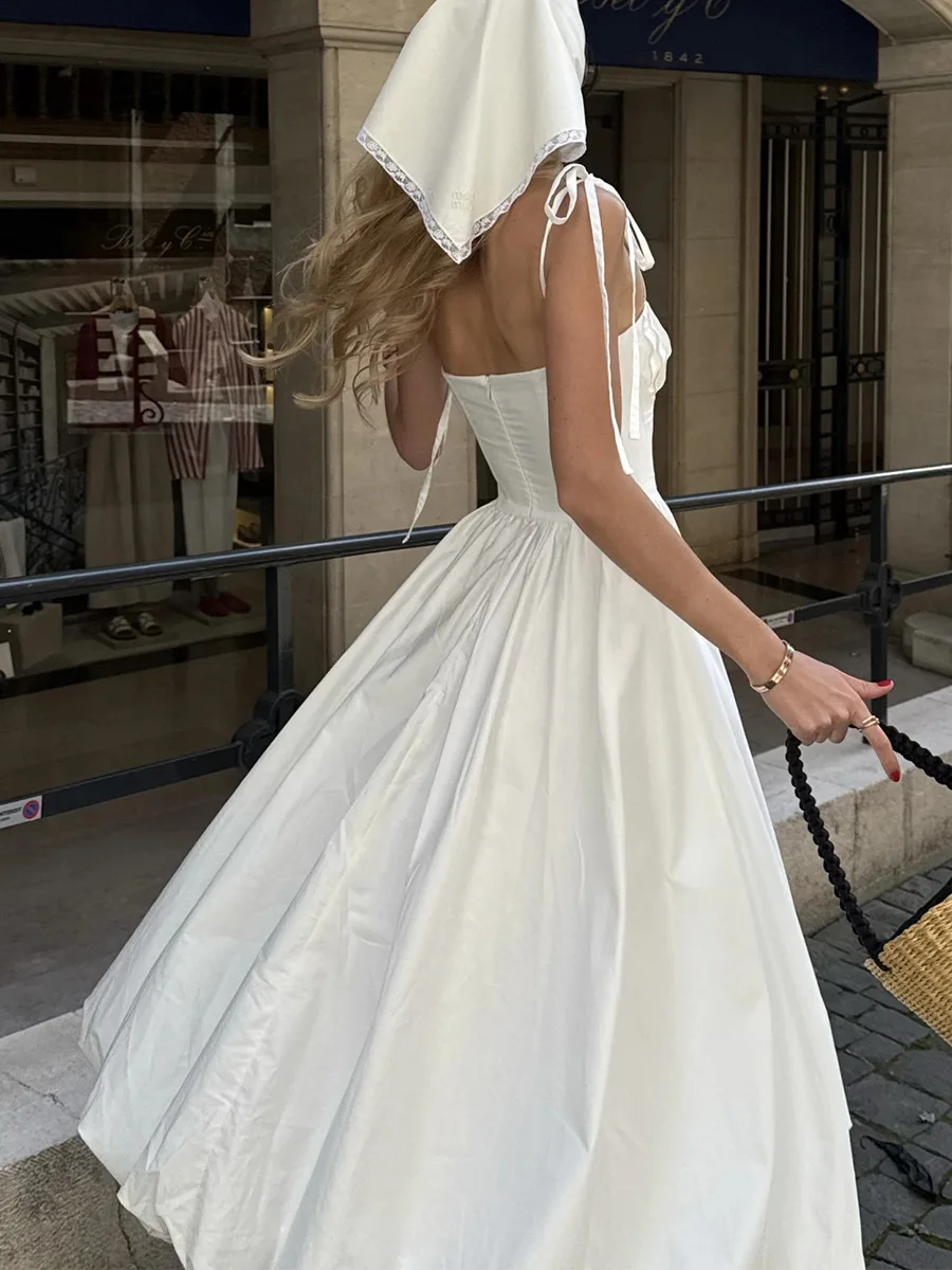 Bornladies Cotton Suspender Balloon Sleeveless Dress Summer Waist Cinching Bubble Big Swing Dress White Dress For Women