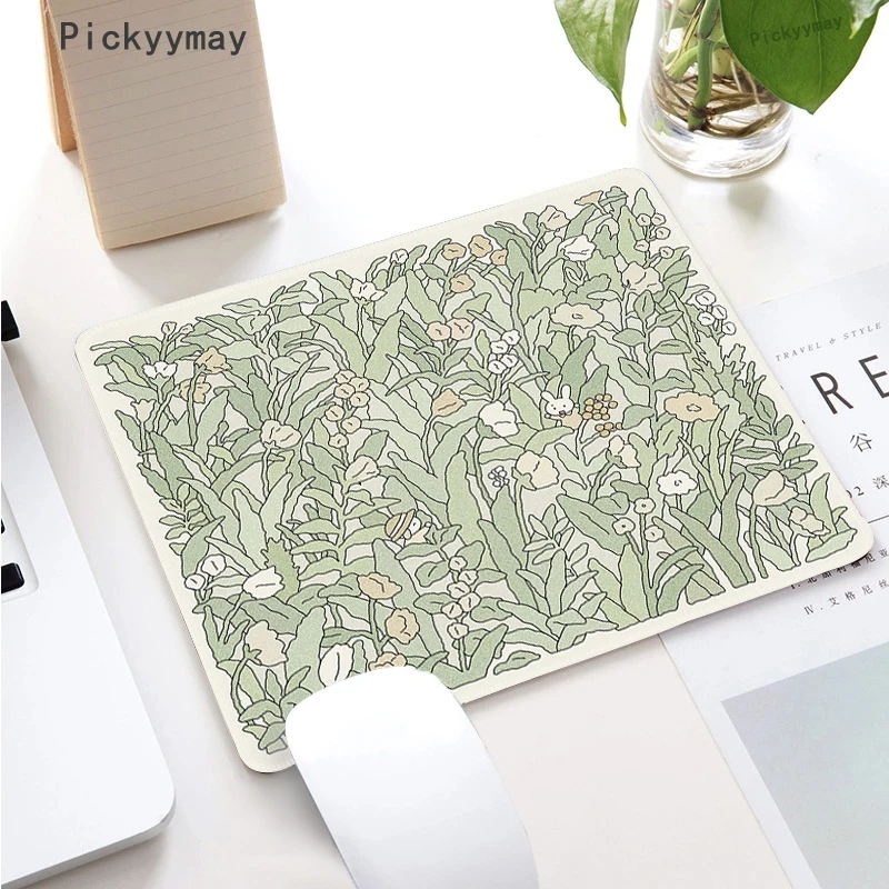 Pequeno Mouse Pad com Flor Verde Kawaii Gato e Coelho Desenhos Animados Tapete Portátil Teclado Tapete de Mesa Deskpad pc mm - Imagem 3