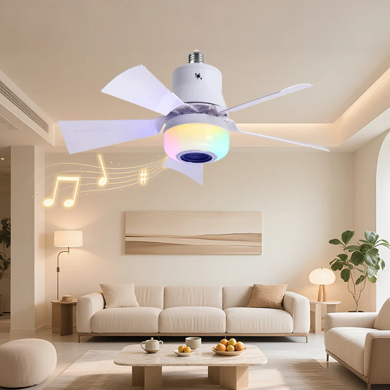 4 in 1 RGB 지능형 E27 천장 선풍기 조명, 3단 속도 리모컨, 5단 속도 팬, 스피커, 디밍 모드, 바, 가정, 파티용