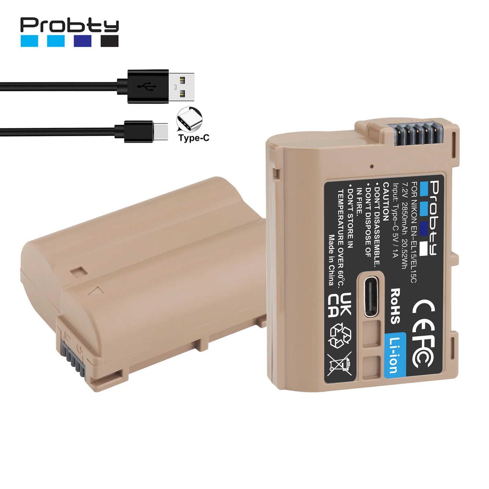 Batteria 2850Mah En-El15C El15C En El15 Con Porta Di Ingresso Di Tipo C Per Nikon Z5, Z6, Z6 Ii, Z7, Z7Ii D780, D850, D7500, D500, Z8