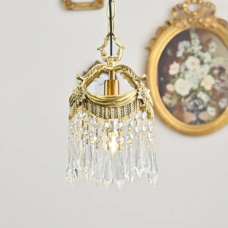 

French Medieval All Copper Entrance Small Pendant Light Italian Corridor Balcony Vintage Retro Bedroom Bedhead Crystal Light
