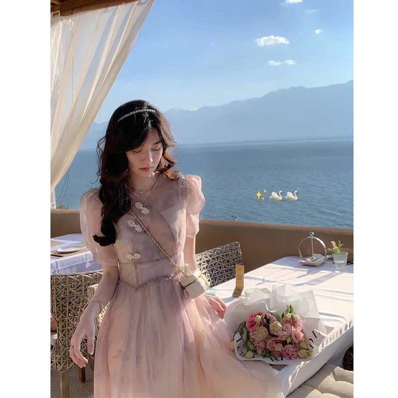 

Smoke purple halo dyed cheongsam suspender dress French retro temperament thin bubble sleeve short sleeve 2022 summer
