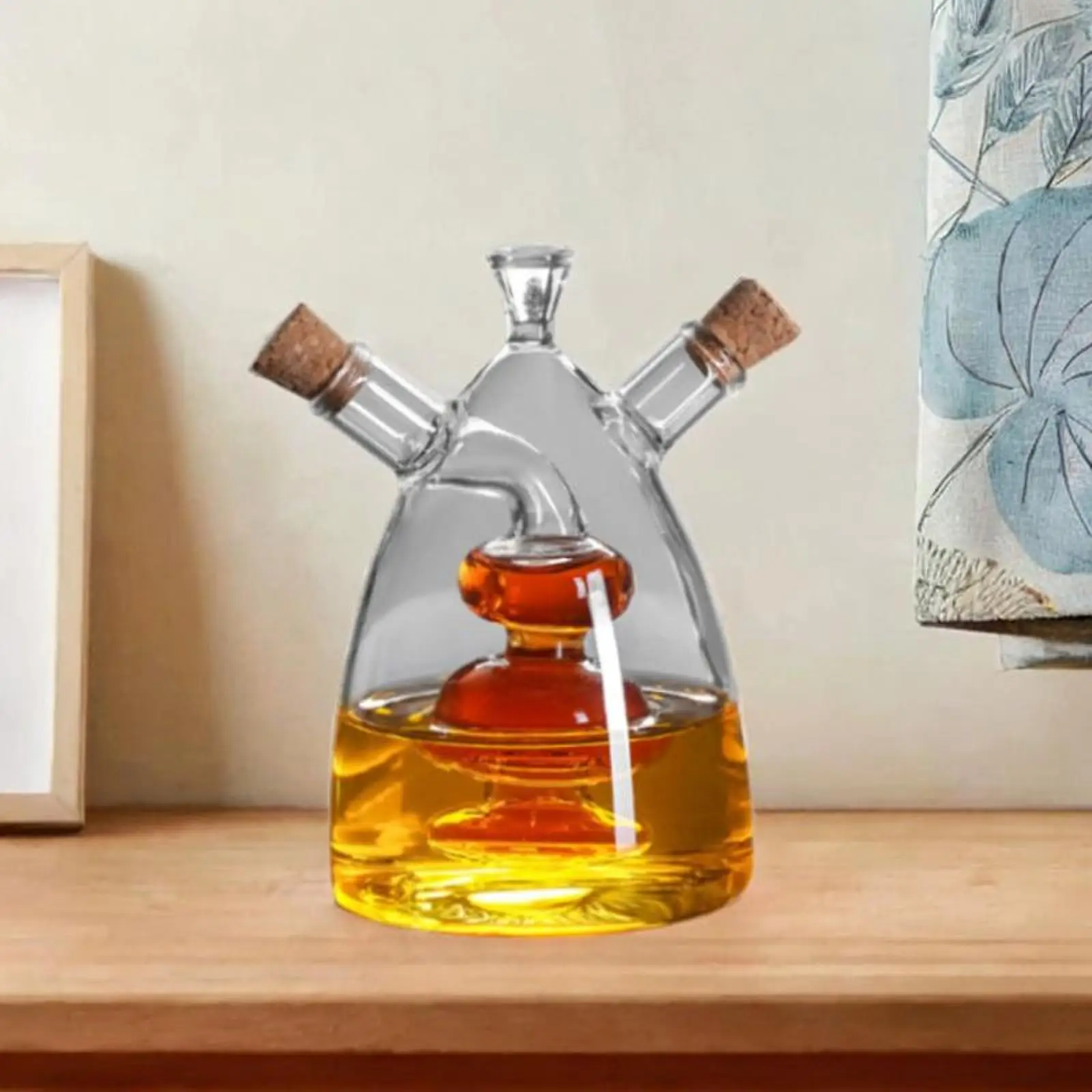 Oil and Vinegar Glass Bottle Clear Kitchen Cooking Container for Kitchen Double Pourer Spout Stoppers 2 in 1 for Cooking