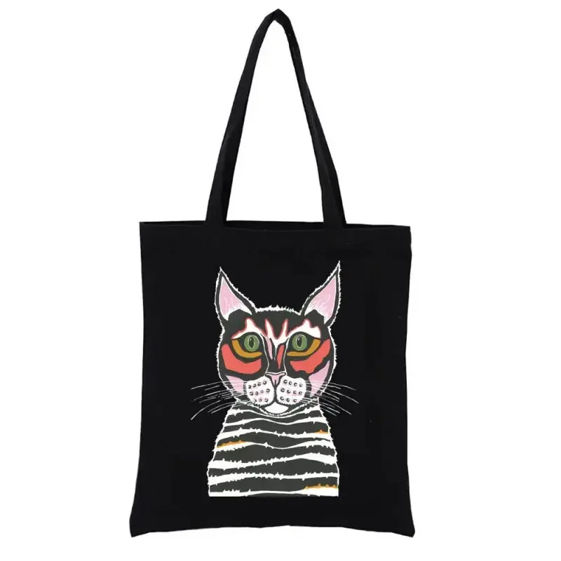 

Canvas Shopping Bag Black and White Striped Flower Cat Female Handbags Woven Tote Bag Aesthetic Shopper Totebag Funny Fashion