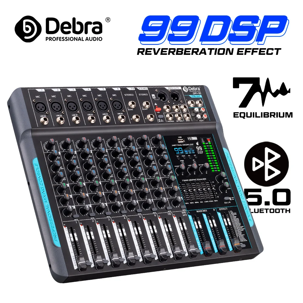 

Debra DP-10 Audio Mixer DJ Controller, 99 DSP 10-Channel Reverb Recording Mixer with Bluetooth 5.0 for Professional Performance