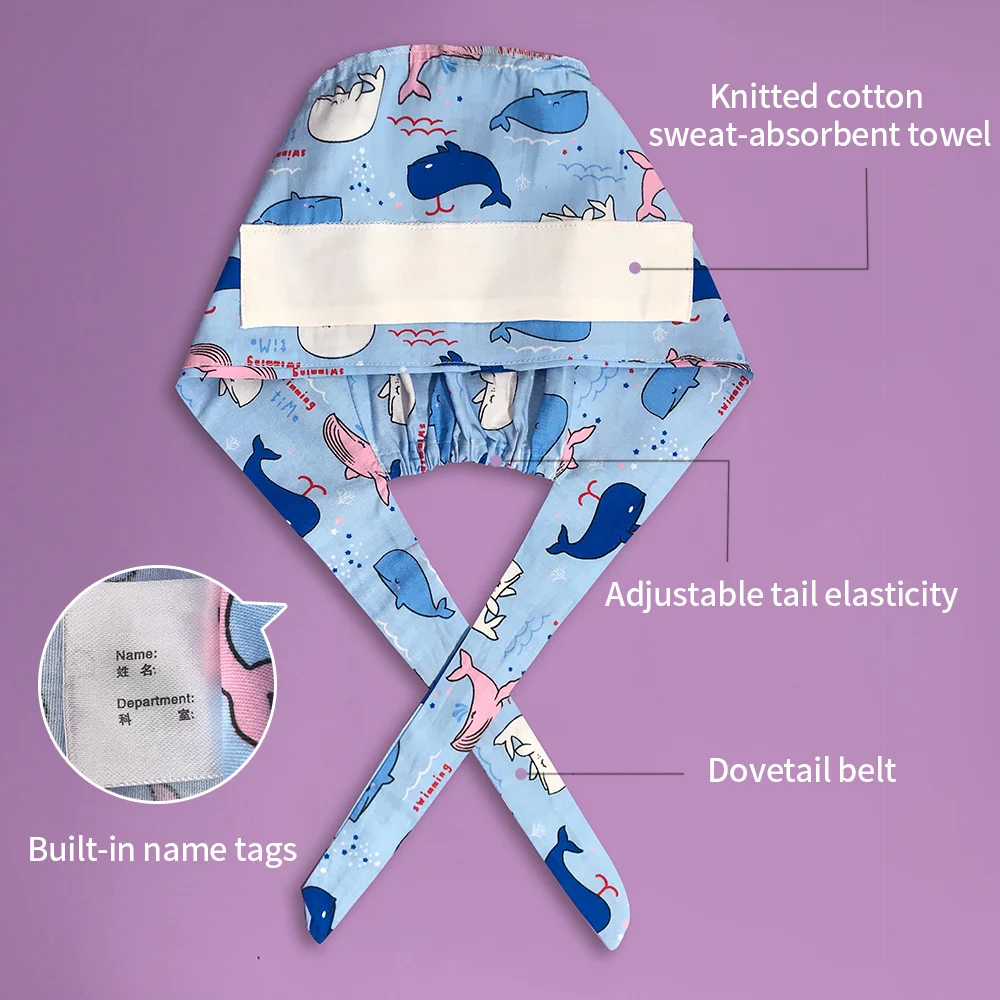 Beautician Work Hat Laboratory Unisex Scrubs Caps Breathable Cute Cartoon Floral Printed Tie Back Pet Shop