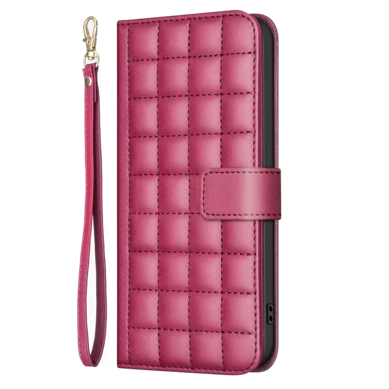 Elegant 3D Checkered Pattern Leather Wallet Case with Magnetic Flip Cover