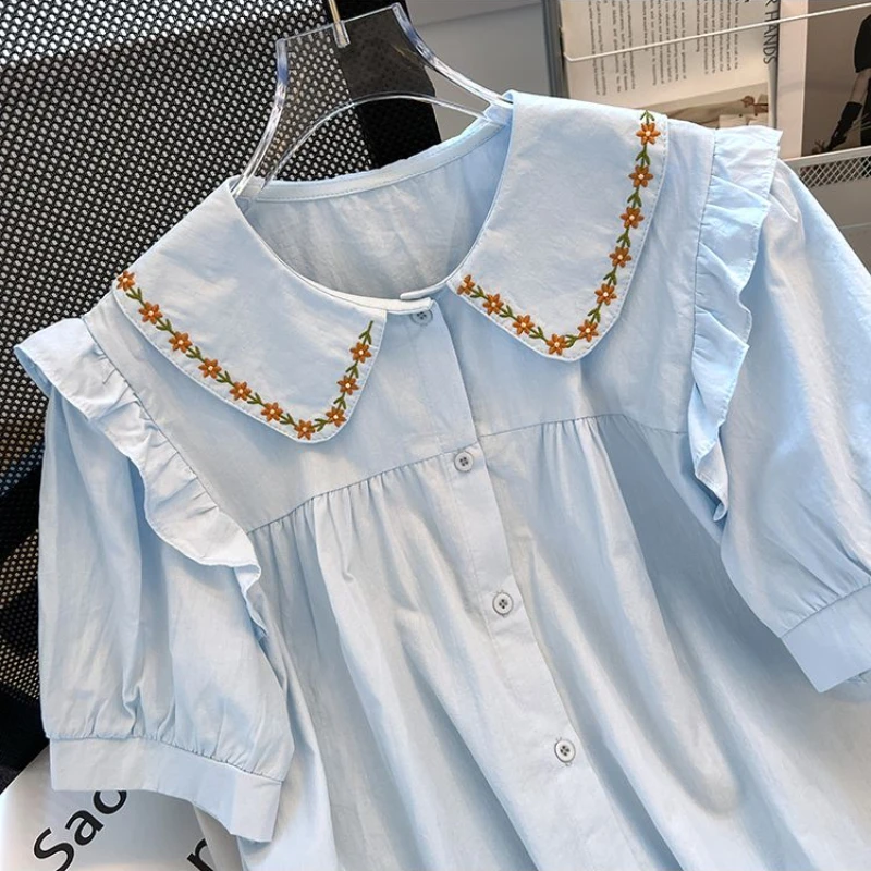 EBAIHUI Preppy Style Peter Pan Collar Women's Shirt Embroidery Design Ladies Short Sleeved Blouse Summer Loose Versatile Blusas