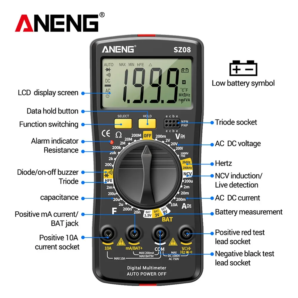 ANENG SZ08 Professional Digital Multimeter Ultra-thin Storage Meter Auto Voltmeter AC DC 220V Resistance Handhold Testers digital multimeter transistor tester multimeter tester voltage meter tester