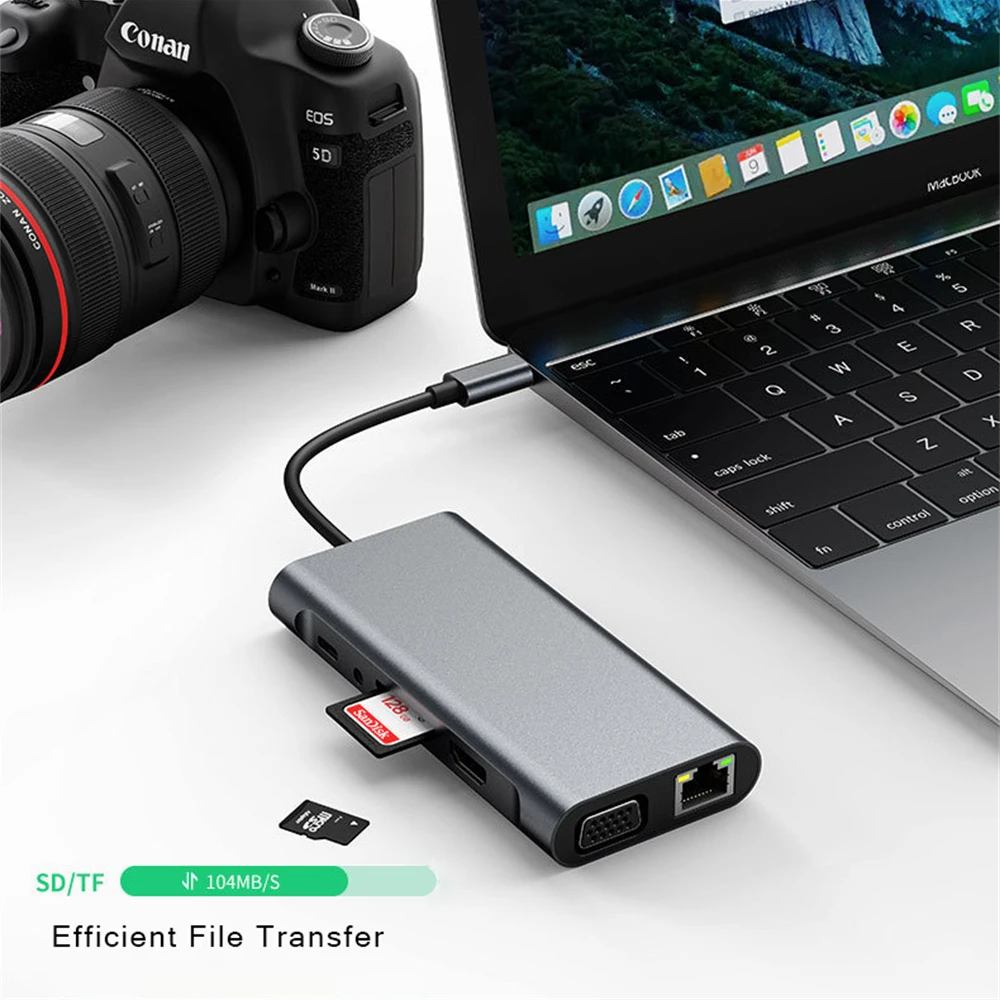 Adaptador Usb tipo c para 4k 11 em Hub Adaptador Compatível com Hdmi Rj45 sd Leitor de Cartão tf Carregamento Rápido pd para Notebook Laptop Computador - Imagem 3