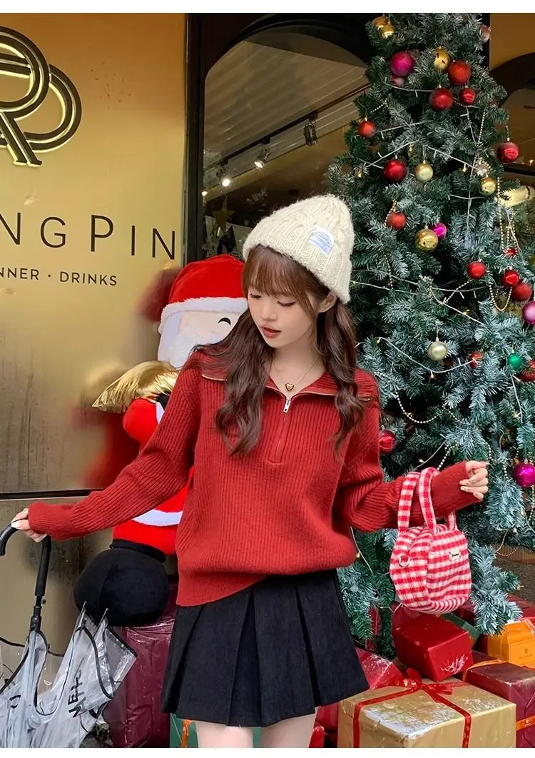 Half-zip Sweater for Women in Autumn and Winter New Year Red Knitted Bottoming Shirt with High Collar Knitted Top and Trendy 30 S21b41daa1c8d4e9195886bb1b7ff6340b
