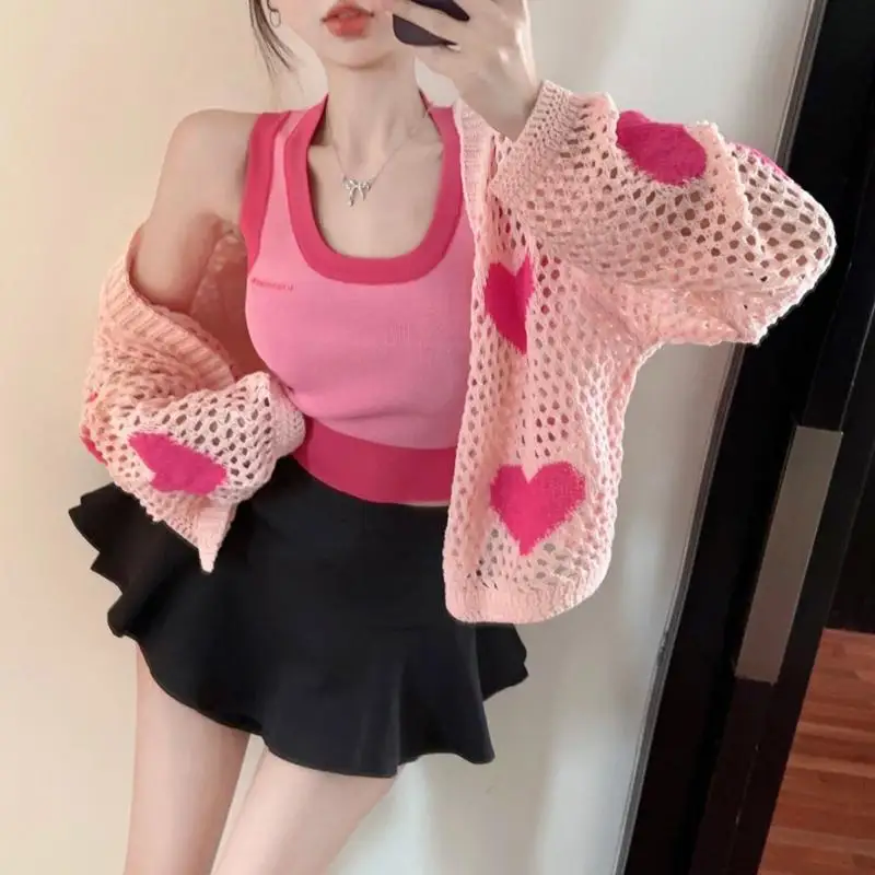 Sweet Pink Heart Cardigan Women Summer Loose Hollow Out Long Sleeve