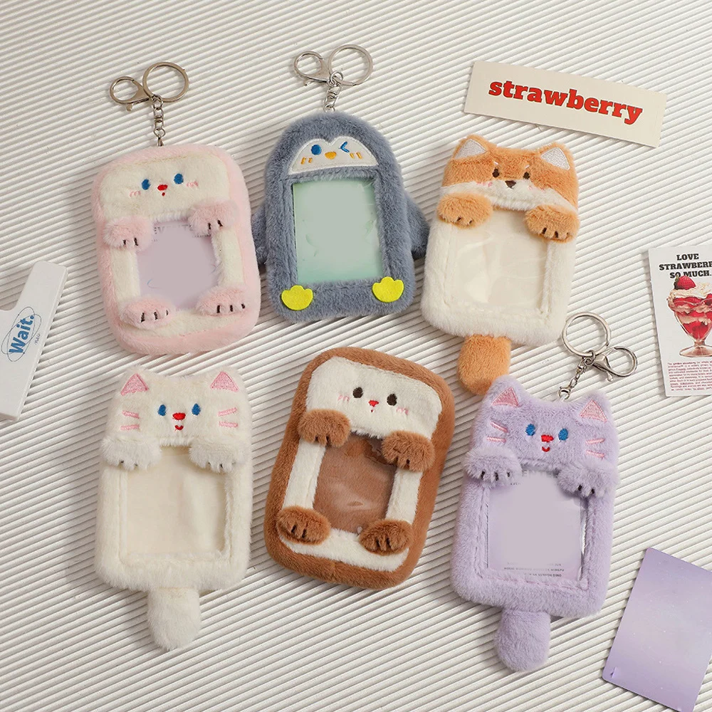 

Cat Penguin Series Fluffy Bus Card Protector Case Keychain ID Credit Case Photo Card Holder Plush Card Cover Star Chase Pendant