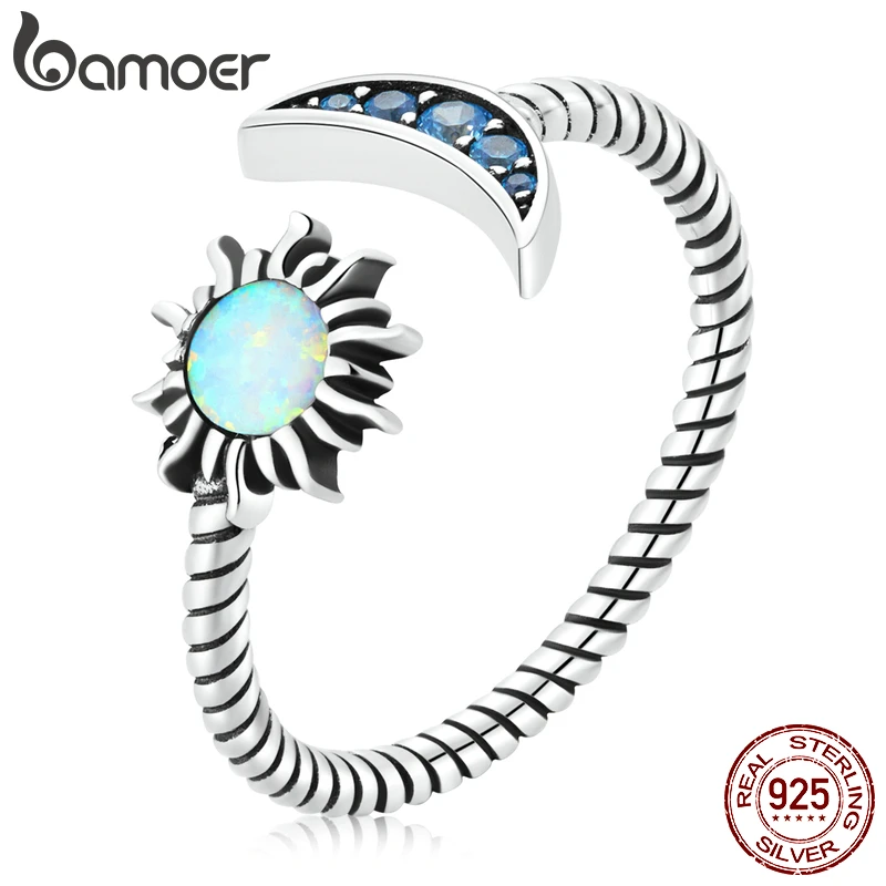 BAMOER Authentic 925 Sterling Silver Shining Sun &amp Moon Open Size Ring for Women Vintage Twisted Fine Jewelry Party Gift | Украшения и