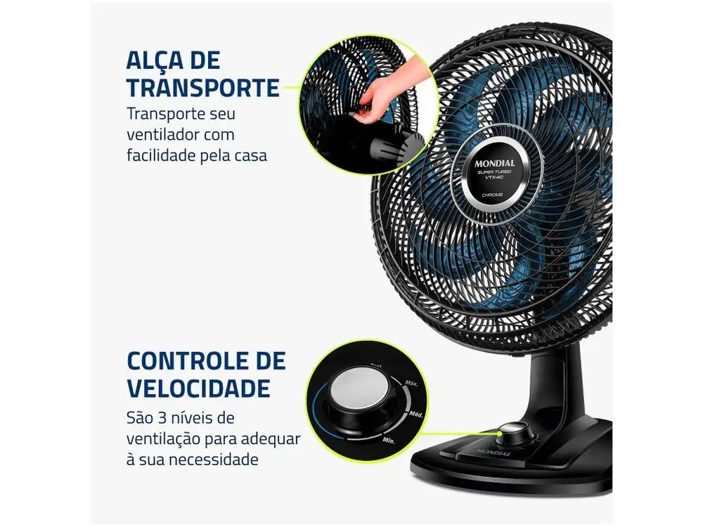 Ventilador de Mesa Mondial Super Turbo VTX-40 Chrome 40cm 8 Pás 3 Velocidades - 110V 6