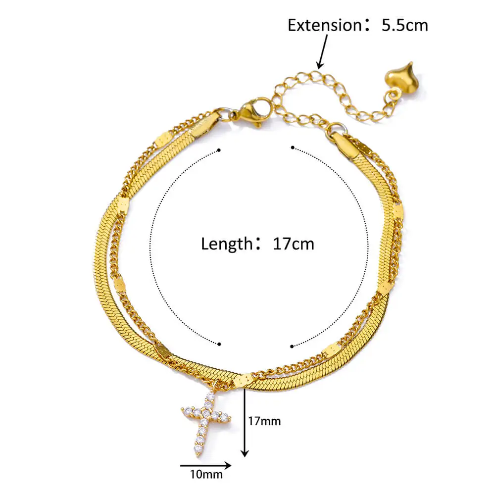 Cubic Zirconia Anklet Zircon Cross Anklets For Women Gold Color Stainless Steel Cross Anklet Double Chain Summer Beach Party Jewelry Gift Accessories