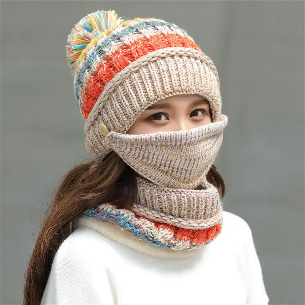 

Masks And Scarves Pom Bobble Neck Warmer Warm Snow Ski Cap Hat Scarf Mask Set Stripe Women Beanie