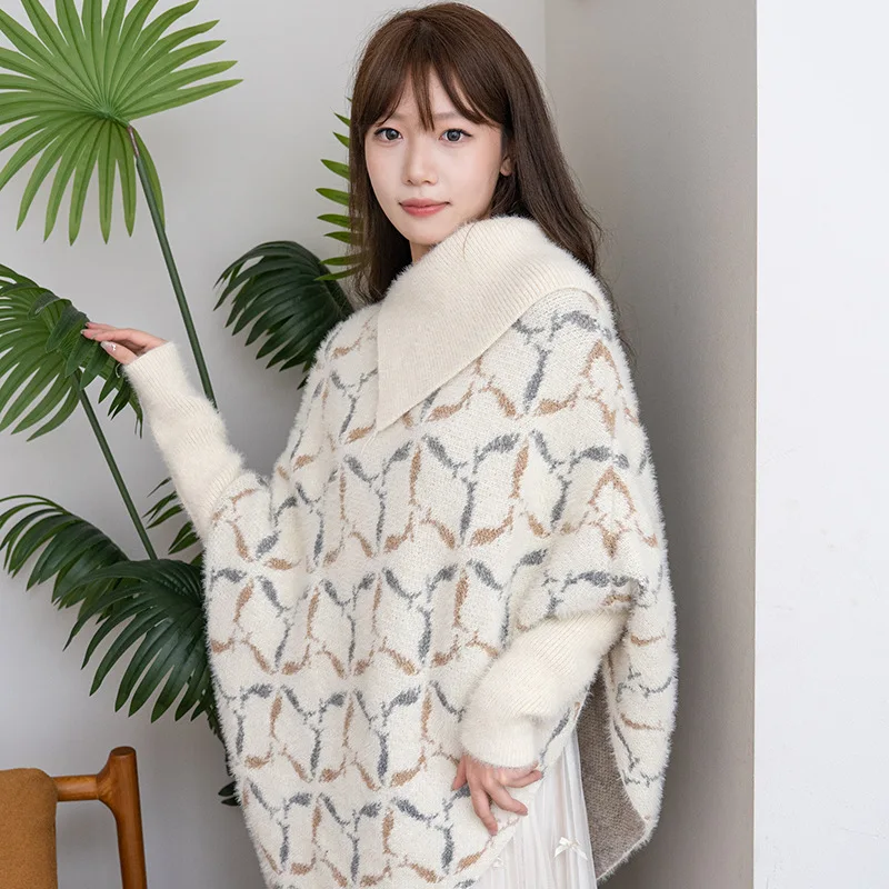 Fashionable and Trendy Warm Knitted Shawl with Outer Collar Mid-length Color Matching Simple Shawl for Women Loose Cloak