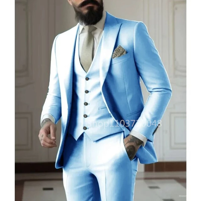 Latest Solid Formal Men's Suit Slim Fit Elegant Groom Tuxedos Wedding Business Party Suits 3 Pieces Sets (Jacket+Vest+Pants)