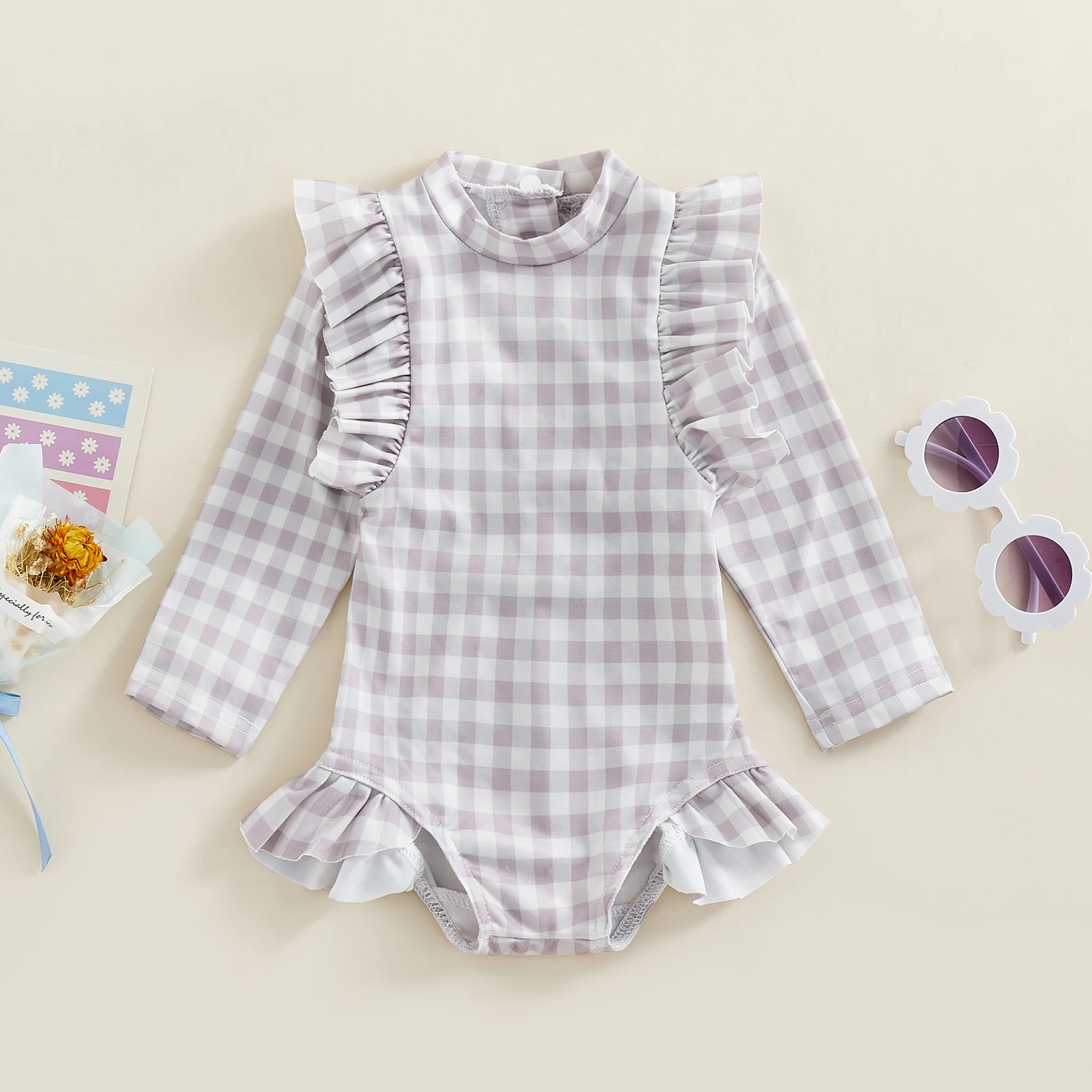 Kids Baby Girls Swimwear Floral/Plaid Ruffle Long Sleeve Crew Neck Swimsuit Bathing Suit Children Girl Beachwear for 0-4 Years - 2