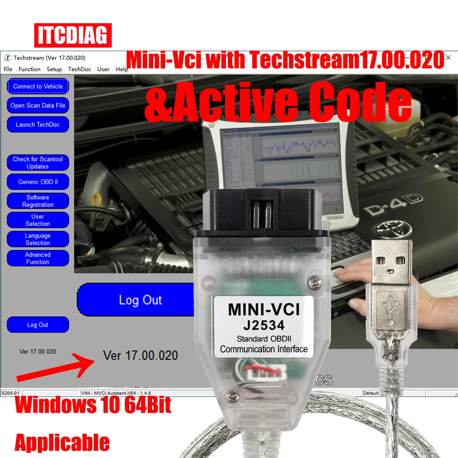 Win10 64bit Tis Techstream V17.00.020 MINI VCI MINIVCI J2534 For Toyota  OBD2 Diagnostic Cable With Software Link and Active Code