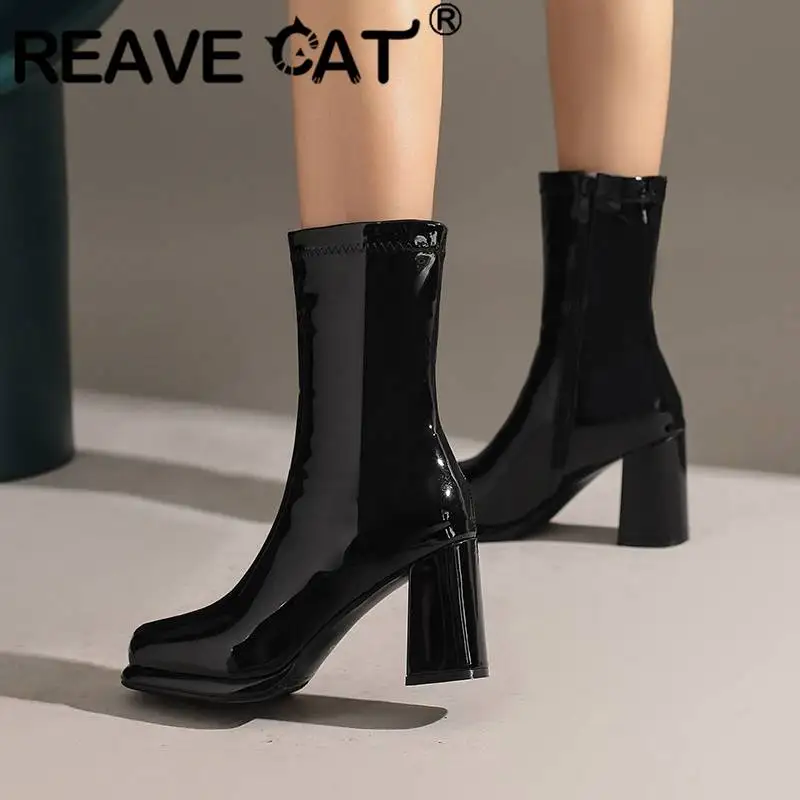 

Женские ботинки до середины икры REAVE CAT, полусапожки на блочном каблуке 18 см с круглым носком и платформой 8,5 см, лаконичные ботинки больших размеров 32-43 на молнии для свидания