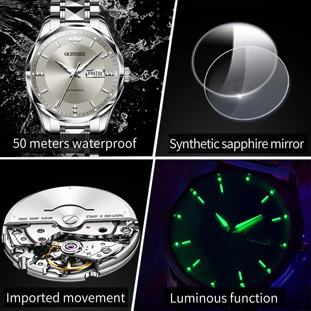 OUPINKE 3295 Men Automatic Watch Fashion Business Mechanical Watch For Men Top Brand Deep Waterproof Auto Date Dress Wristwatch
