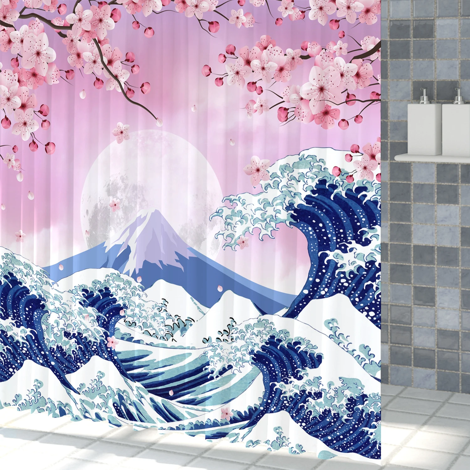 Japanese Ukiyo-e Sun Fuji Cherry Blossom Shower Curtain Hokusai Giant Waves Kanagawa Bathroom Curtains Waterproof Bathtub Screen 6